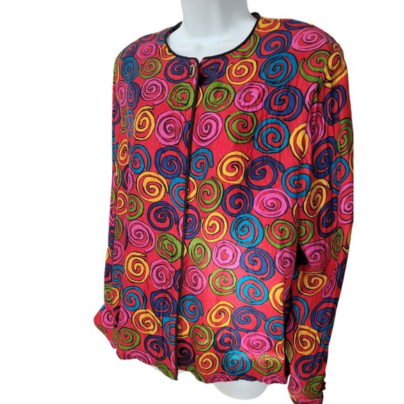 Vintage 90s 100% Silk Blouse L Long Sleeve Button Mod Red Psychedelic - Picture 2 of 16